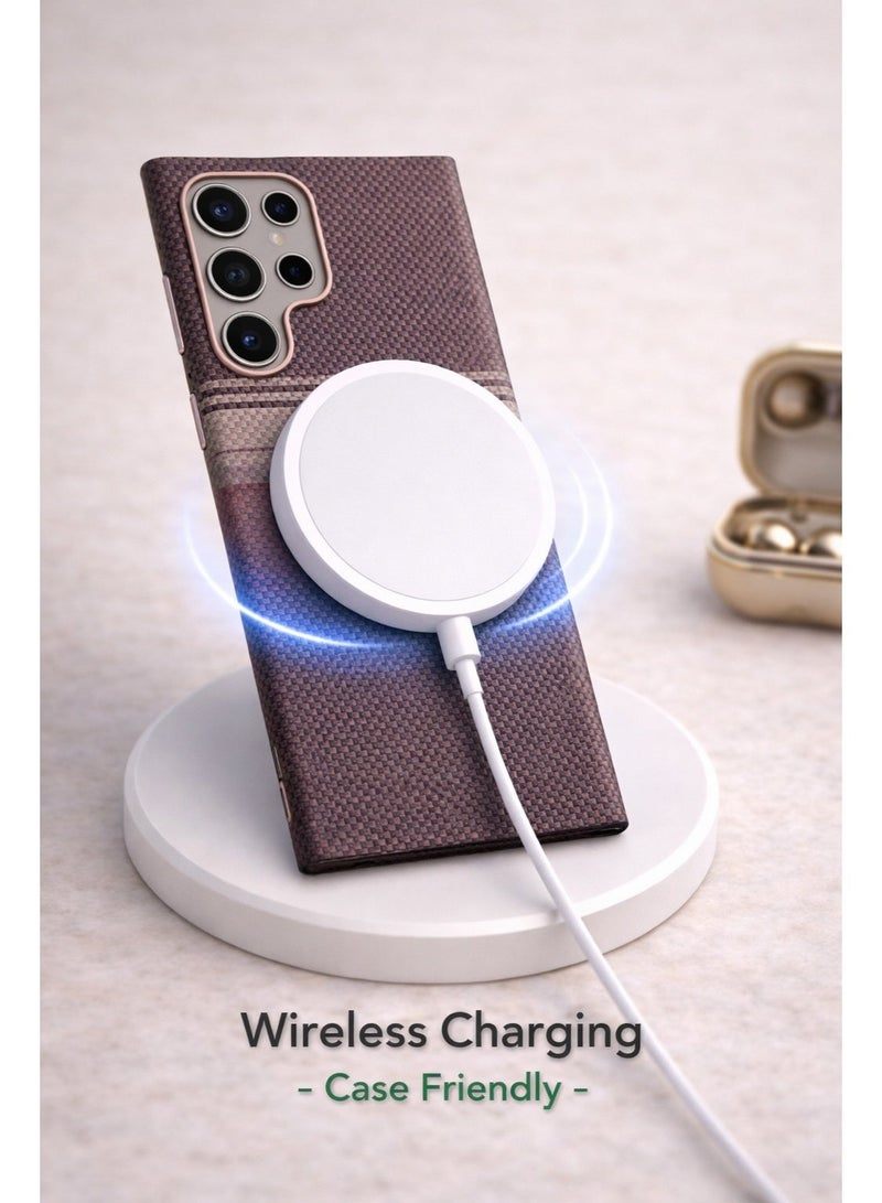 جراب سامسونج جالاكسي إس 24 ألترا - غطاء حماية رفيع بتصميم متدرج من نسيج الكربون الفاخر، يدعم الشحن اللاسلكي وحلقة معدنية للكاميرا - Image 2